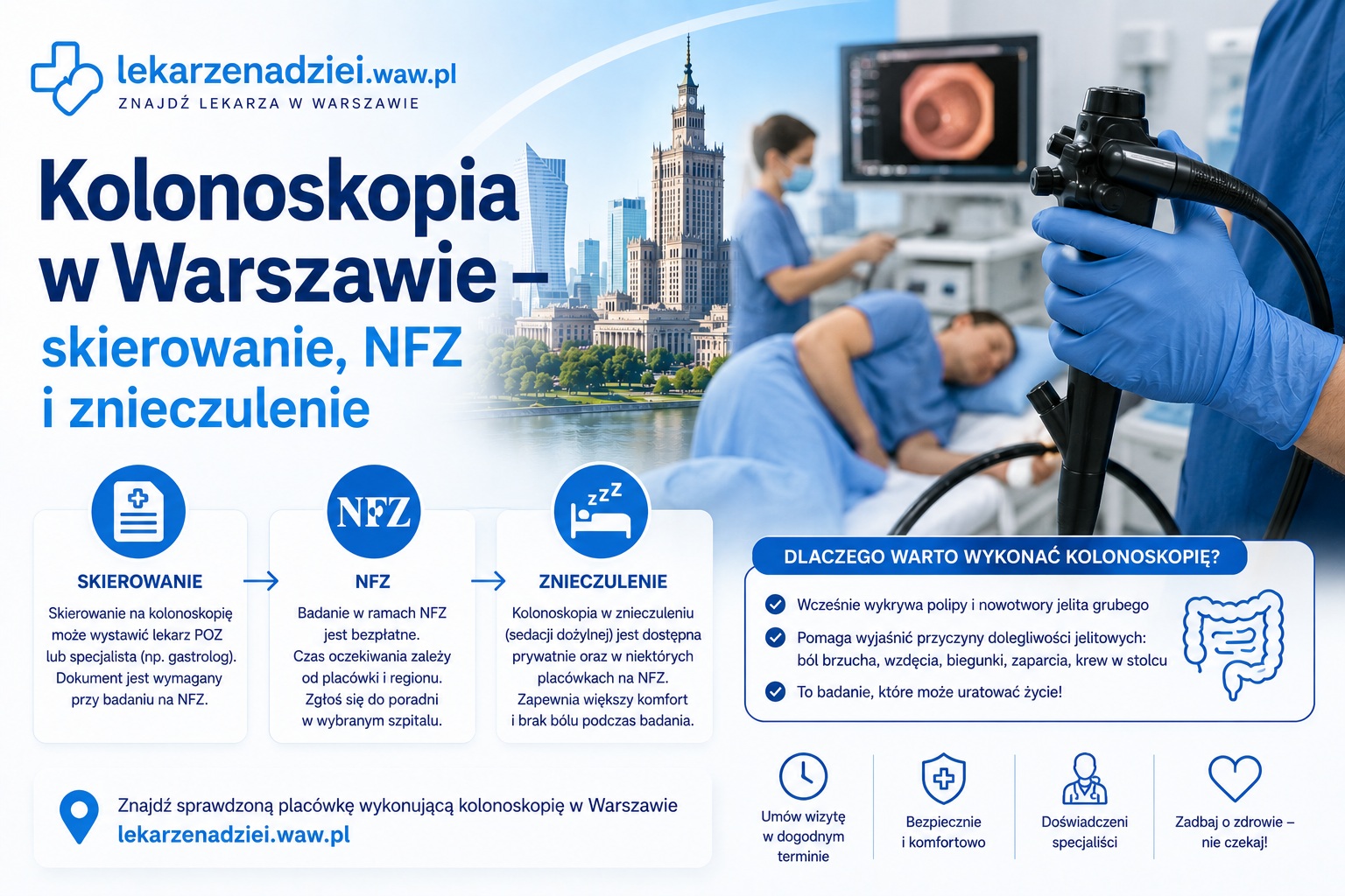 Kolonoskopia w Warszawie – skierowanie, NFZ i znieczulenie